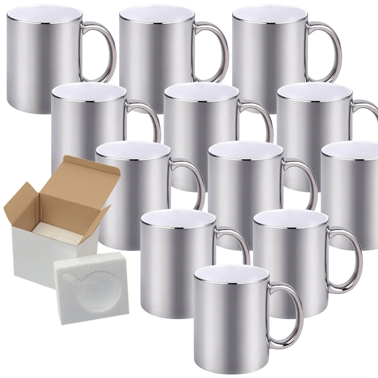 12 Pack of 11OZ METALLIC SILVER inner & Handle Sublimation Ceramic Mugs - Professional Grade - Cardboard Box with Foam Supports